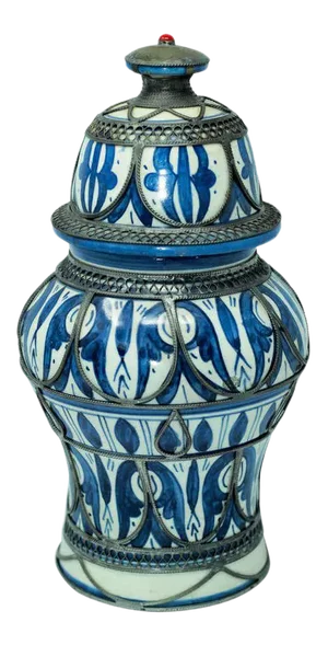 Moroccan Ceramic Vase from Fez Blue and White with Silver Filigree