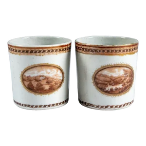Antique Chinese Export Porcelain Coffee Cans or Mugs Decorated With Sepia Landscape Reserves for the American Federal Market 1800 - 1810- a Pair