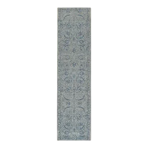 Wool and Plant Based Silk Hand Loomed Gray Fine Jacquard With Sickle Leaf Design Oriental Runner Rug