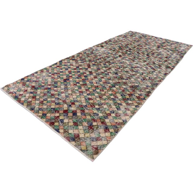 Distressed vintage Turkish Sivas rug with rustic Mid-Century Modern style. This hand knotted wool distressed vintage...