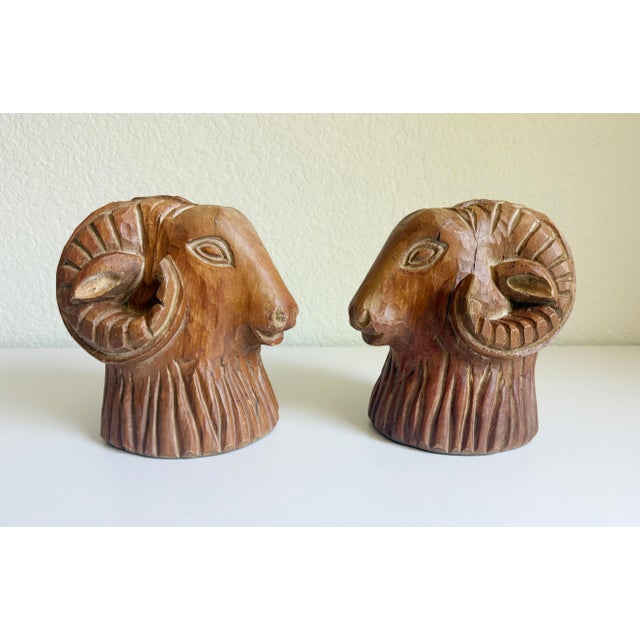 Carved Wood Rams Head Bookends by Sarreid Spain 1970s - A Pair For Sale - Image 13 of 13