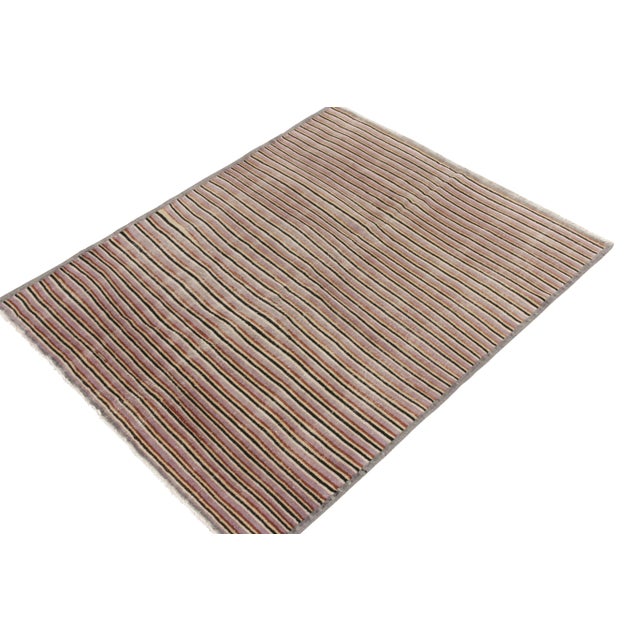 Mid-Century Modern 1960s Vintage Distressed Rug in Gray, Brown, Red, Yellow Striped Pattern For Sale - Image 3 of 7