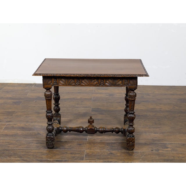 Brown French 19th Century Walnut Side Table with Carved Apron and H-Form Stretcher For Sale - Image 8 of 12