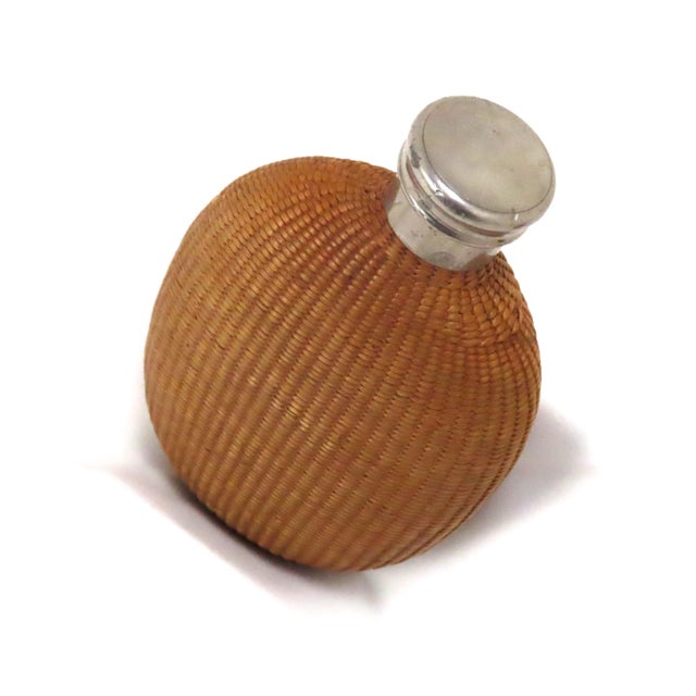 Rustic Antique Early 1900s Hand Woven Basket on Glass "Pumpkin Seed" Whiskey Hip Flask For Sale - Image 3 of 13