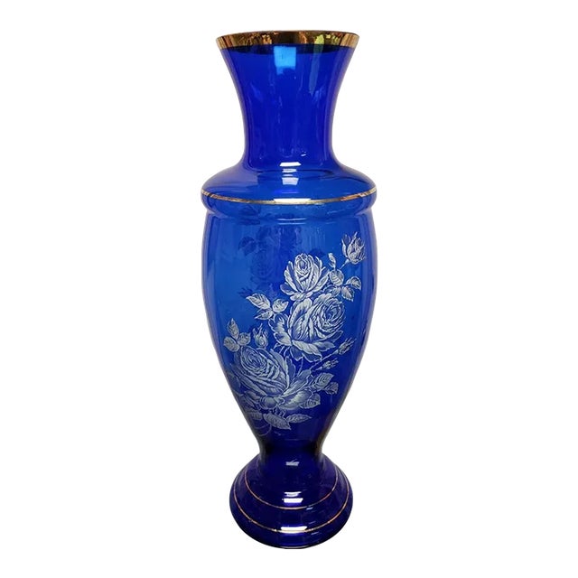 Vintage Fenton Gilded Cobalt Glass Mary Gregory Style Roses Motif Baluster Vase For Sale