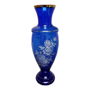 Vintage Fenton Gilded Cobalt Glass Mary Gregory Style Roses Motif Baluster Vase