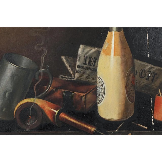 Traditional "Pipe, Stein, Bottle, and Matches" Still Life Painting For Sale - Image 3 of 7