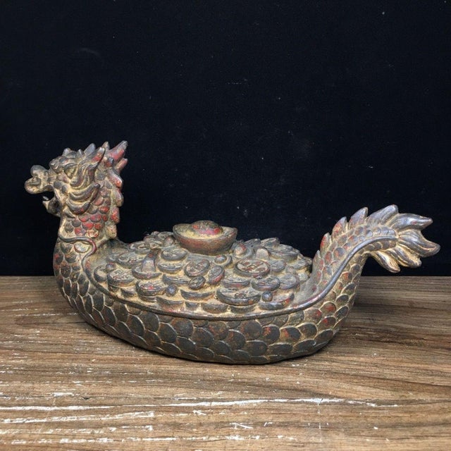 Traditional Vintage Gilt Bronze Dragon Boat Sculpture With Coin Motif and Red Patina For Sale - Image 3 of 9