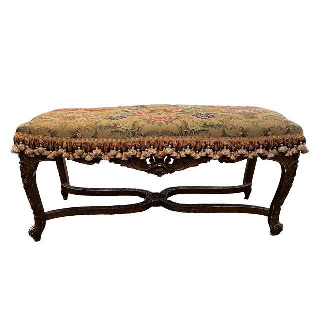 French 19th Century French Louis XV Style Carved Wood and Needlepoint Bench For Sale - Image 3 of 4
