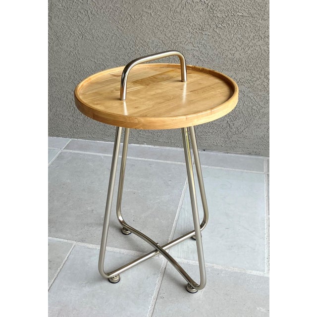 Almond Industrial Modern Artisan Handcrafted Natural Rubberwood & Steel Occasional Table For Sale - Image 8 of 12