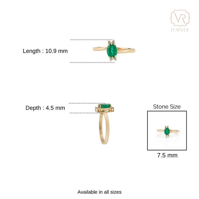 14k Yellow Gold Oval-Cut Natural Emerald & Diamond Promise Ring Size 4 For Sale - Image 12 of 17