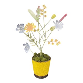 Vintage Hand-Painted Metal Wildflower Arrangement in Textured Ceramic Pot For Sale
