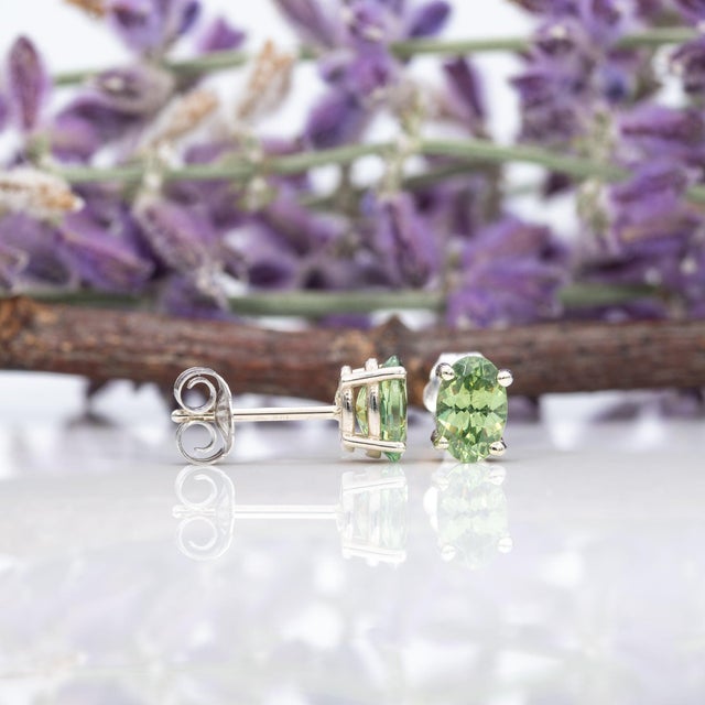 2020s 1Ct Green Dragon Demantoid Garnet Solitaire Stud Earrings: Solid 14k Gold, 6x4mm, Pair For Sale - Image 5 of 7