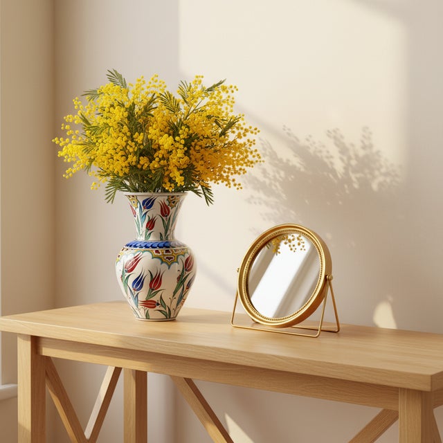 Turkish Handmade Ceramic Floral Vase (20cm) Red Tulip and Golden Garden Pattern For Sale - Image 3 of 8