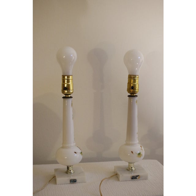 Cream Mid Century Italian Marble & Hand-Painted Blown Milk Glass Table Lamps With Original Shades - A Pair For Sale - Image 8 of 12