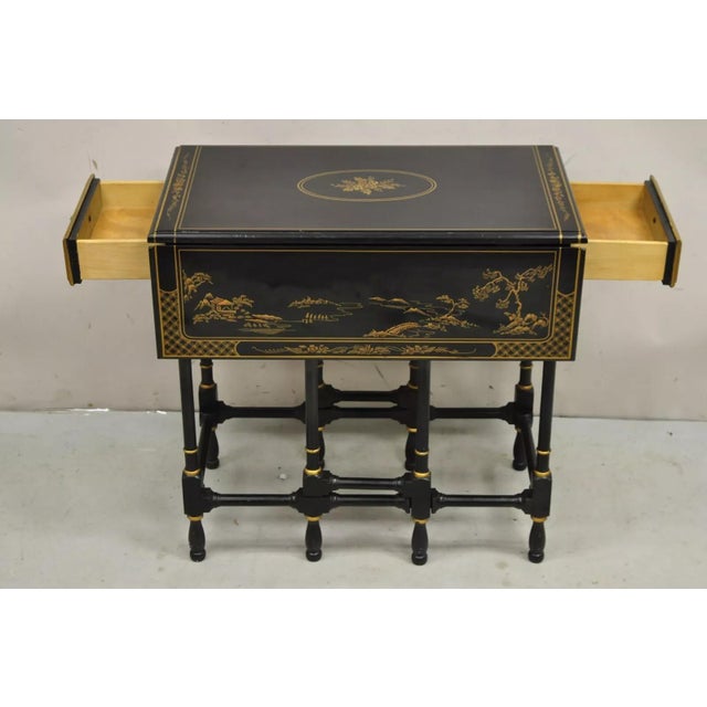 Drexel Heritage Mid 20th Century Drexel Et Cetera Asian Chinoiserie Black Lacquer Small Gateleg Side Table For Sale - Image 4 of 12