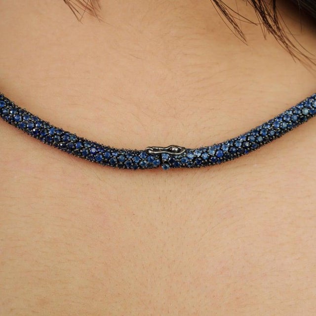 Blue 925 Silver Natural Deep Blue Sapphire Bold Beaded Necklace for Women For Sale - Image 8 of 12