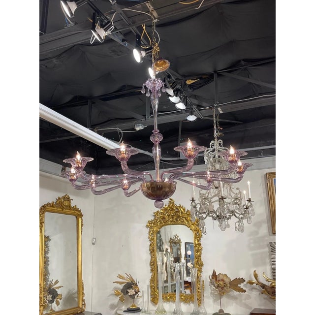Stunning modern Italian Murano glass 10 arm chandelier in lavender. An incredible glistening beauty!