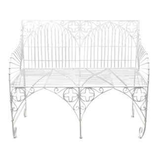 Vintage Gothic Revival Style White Wrought Iron Garden Settee For Sale