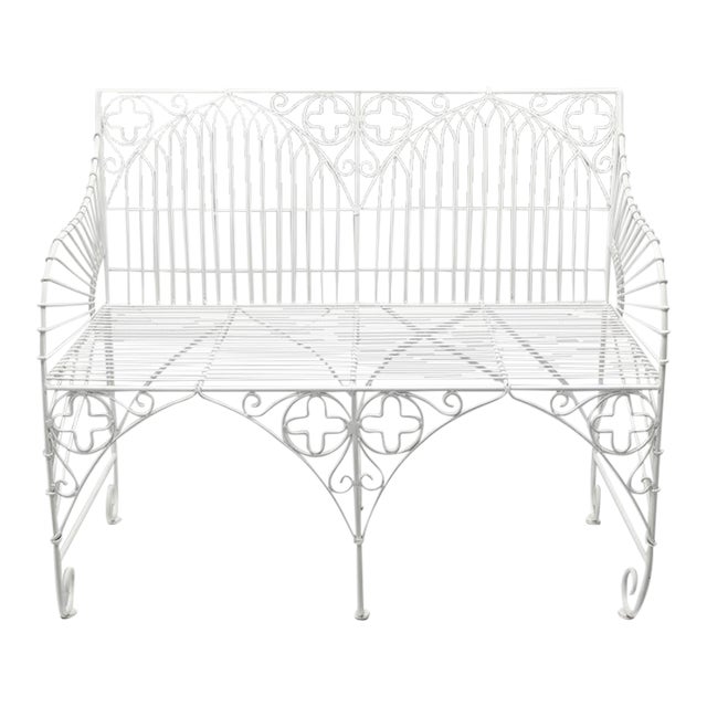 Vintage Gothic Revival Style White Wrought Iron Garden Settee For Sale