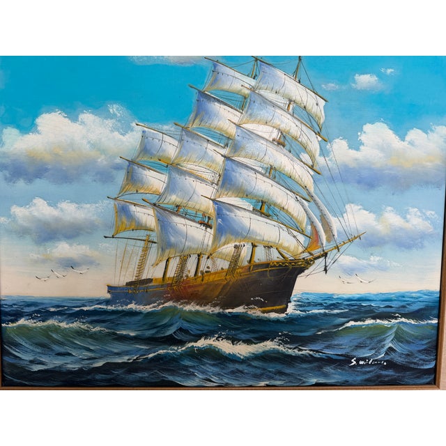 Original Signed Oil Painting Sailing Ship at Sea Maritime Seascape Framed For Sale - Image 10 of 12