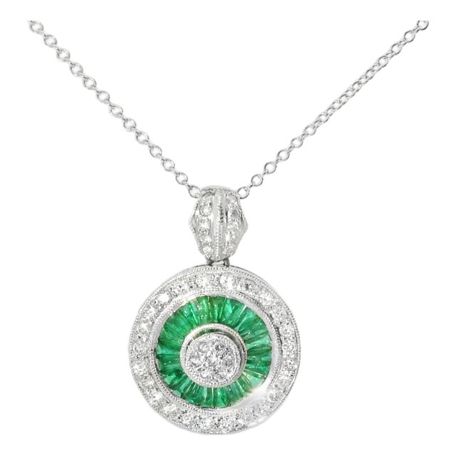 18K White Gold Diamond Baguette Emerald Designer Pendant Necklace For Sale