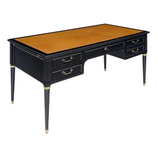 Classic, French Louis XVI Writing Desk, Ebonized Mahogany, Leather For Sale
