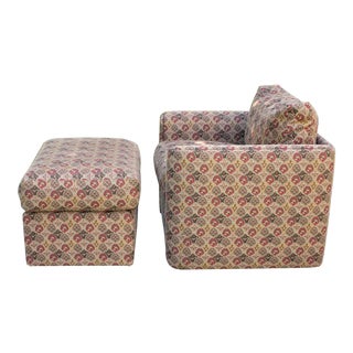 70s Cube Lounge Chair With Down Cushions and Ottoman For Sale