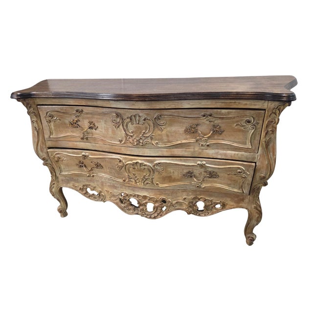 Shabby Chic Vintage Italian Lewis Mittman Bombe Chest of Drawers, Louis XV French Provincial Carved Commode, Attributed For Sale - Image 3 of 9