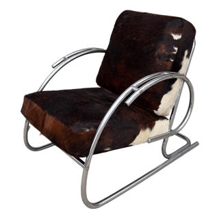 Streamline Moderne Art Deco Tubular Chrome Chair W Cowhide Leather For Sale