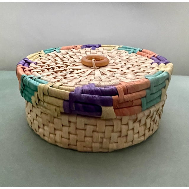 Late 20th Century Late 20th Century Vintage Multicolored Round Woven Basket With Wooden Handle For Sale - Image 5 of 7