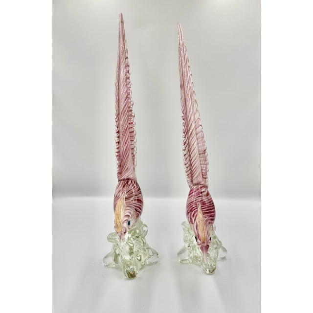 Mid 20th Century Pair of Vintage Italian Murano Pink Blown Glass Pheasant-Form Bird Sculptures For Sale - Image 5 of 6
