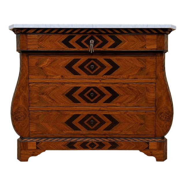 Swiss-Style Marquetry Chest of Drawers with Carrara Marble Top For Sale