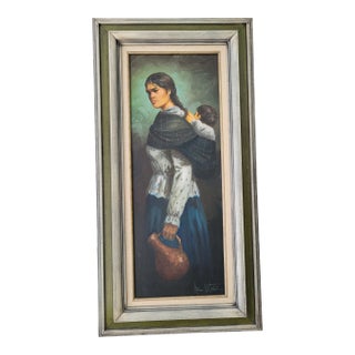 Mid 20th Century Vintage Signed Painting of a Woman Carrying a Baby, Framed For Sale
