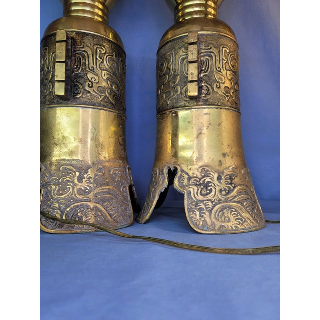 1950s 1950s Hollywood Regency James Mont Attributed Asian Brass Table Lamps - a Pair For Sale - Image 5 of 13
