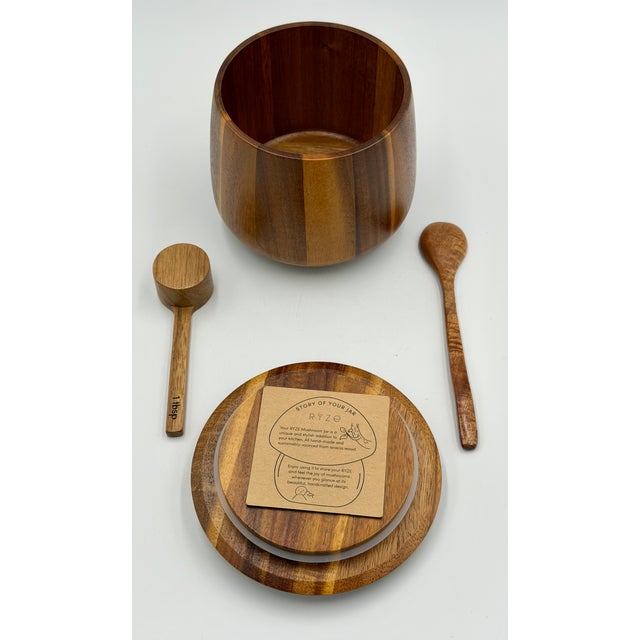 2020s Ryze Mushroom Coffee Acacia Wood Handcrafted Storage Jar Container W/ Spoons 3pc Set For Sale - Image 5 of 7