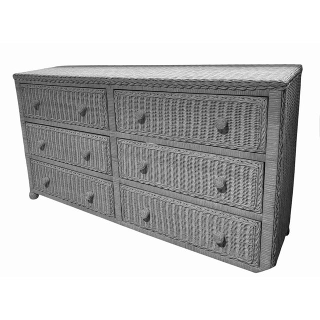 Vintage White Wicker, Six Drawer Bureau, Dresser, White, Solid, Wood and Wicker For Sale - Image 4 of 4