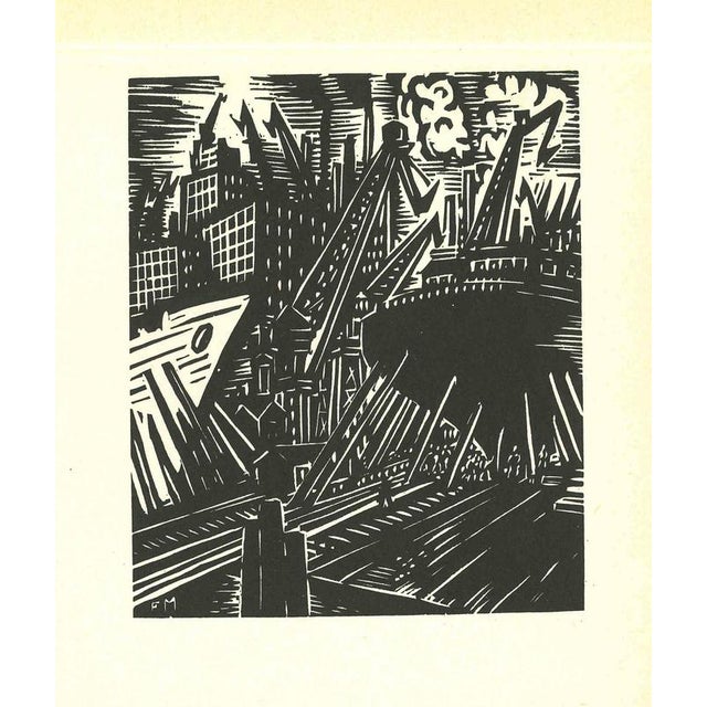 Woodcut print on paper, realized in 1964. Plate from "The Face of Hamburg", monogrammed in the plate. This print...