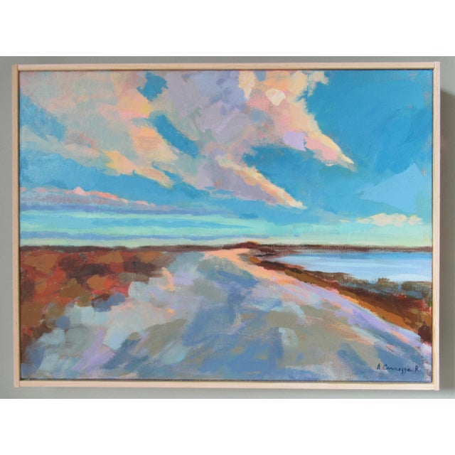 Early morning sunrise at the ocean when the light is beautiful. Painted mostly with a palette knife, it has a semi...