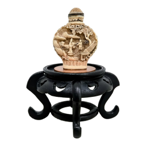 Hand-Carved Chinese Scenic Snuff Bottle With Pseudo Reign Mark & Carved Stand