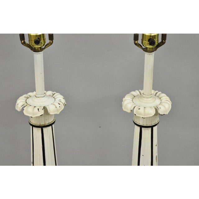 Vintage Hollywood Regency Lotus Leaf Black & White Metal Column Table Lamps Pair For Sale - Image 4 of 12