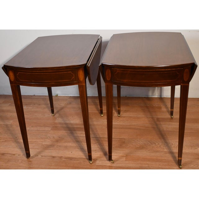 1940 Pair of Baker Furniture Regency Mahogany Inlaid Pembroke Side / End Tables For Sale - Image 14 of 18
