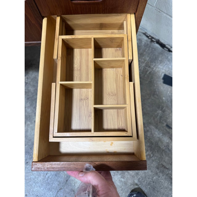 Wood Danish Mini Mid Century Teak Glass Top Console Night Table Vanity For Sale - Image 7 of 9