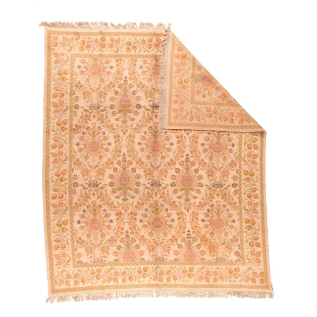 The straw-old ivory field shows an offset one-way five column floriated ogival pattern derived from Renaissance Italian...