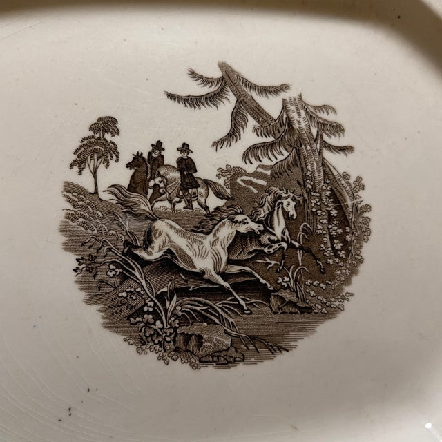 Farmhouse Antique Staffordshire Brown Transferware Oval Platter, Wild Horse Hunt Scene, Circa 1860s For Sale - Image 3 of 12