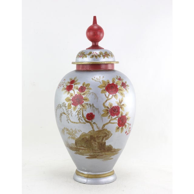 Stunning Handcrafted Metal Shogun Jar Hand Painted Chinoiserie Bird and Flower Pattern For Sale - Image 11 of 11