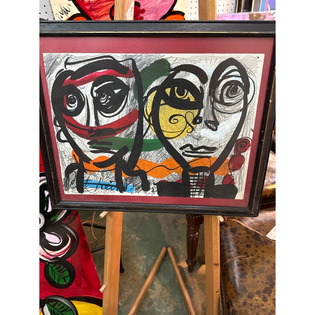 1970s Original Abstract Painting by Peter Keil. This unique piece was executed on paper and depicts a colorful whimsical...