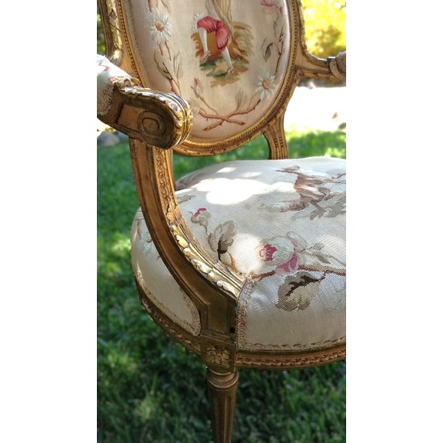 Late 19th C. Louis XVI Revival Giltwood Aubusson Tapestry Salon Suite | Canapé & Four Fauteuils For Sale - Image 12 of 18