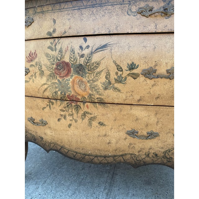 Vintage Louis XV Style Floral Painted Bombe Chest of Drawers With Black Top For Sale - Image 11 of 12