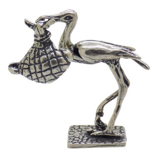 Vintage Italian Handmade Genuine Silver Stork With Newborn Baby Figurine Sculpture Miniature For Sale